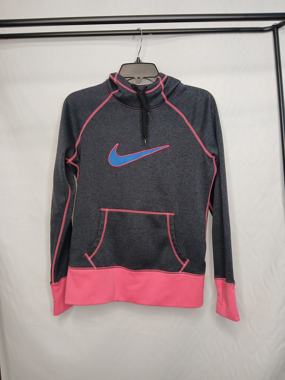 Nike Gray & Pink Pullover Hoodie with Blue Swoosh Small Therma Fit